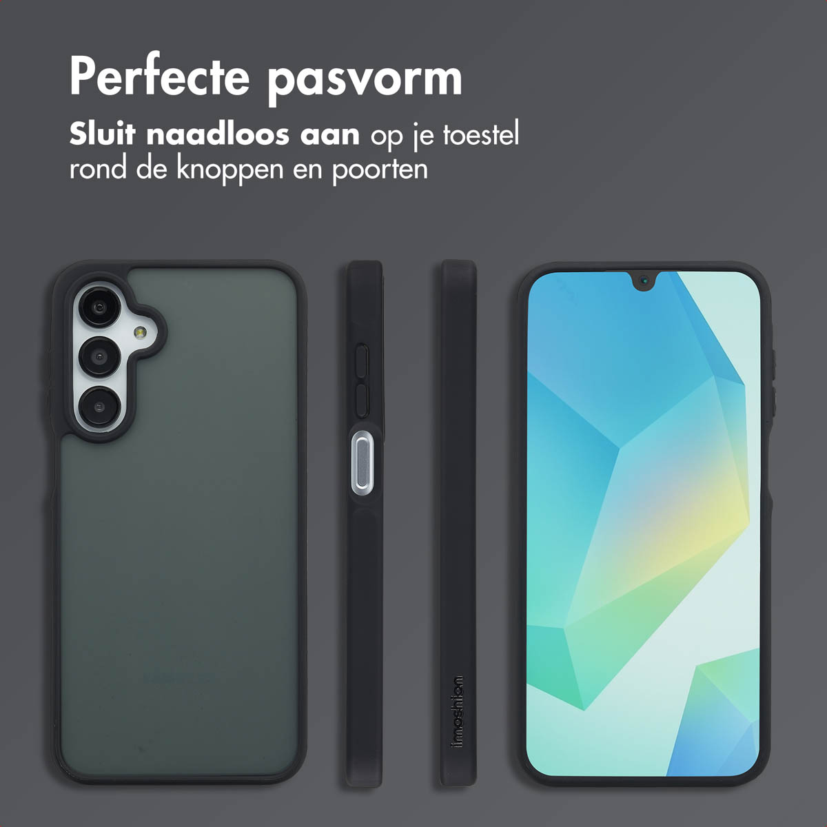 Téléphone avec un étui sombre, affichant l'écran. Téléphone et étui sur une surface sombre, vue latérale.