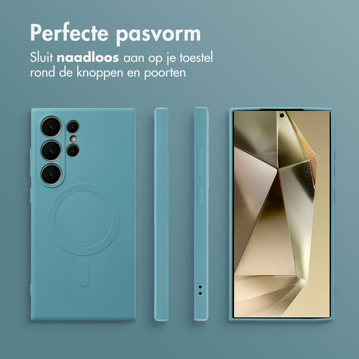 Turquoise telefoonhoes met telefoon, met voorkant, zijkant en achterkant. Tekst: Perfecte pasvorm, naadloze pasvorm.