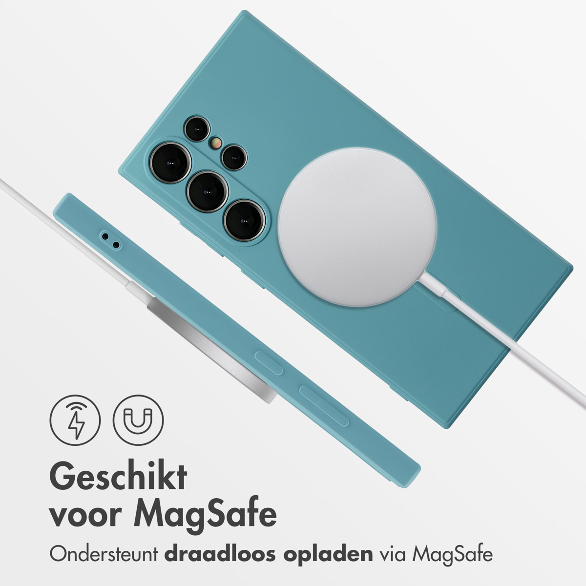 Teal telefoon met een witte MagSafe lader. Tekst: Geschikt voor MagSafe. Ondersteunt draadloos opladen via MagSafe.