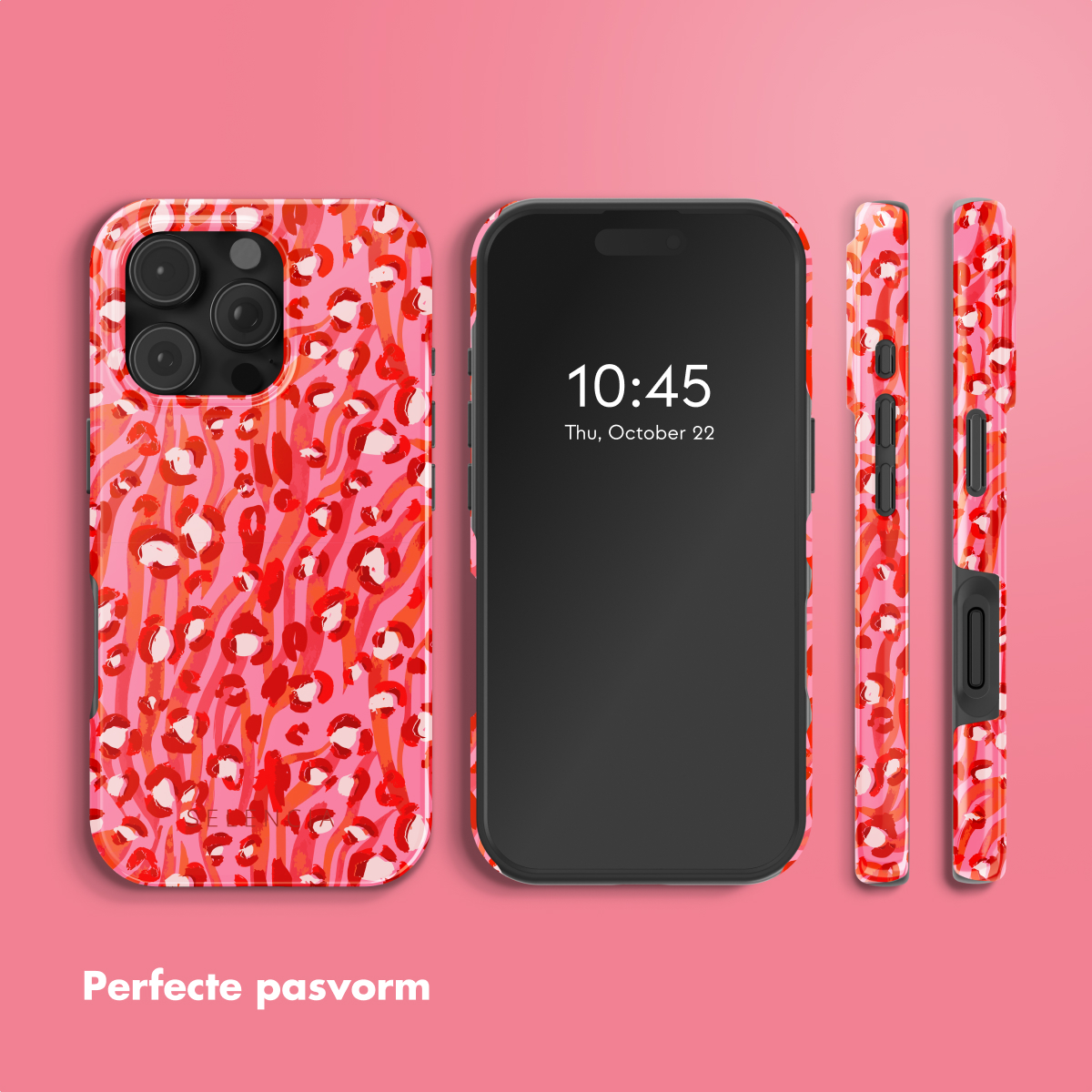 Tre viste di un telefono con una custodia a fantasia rosa e rossa. Il telefono mostra l'ora. Sfondo rosa.
