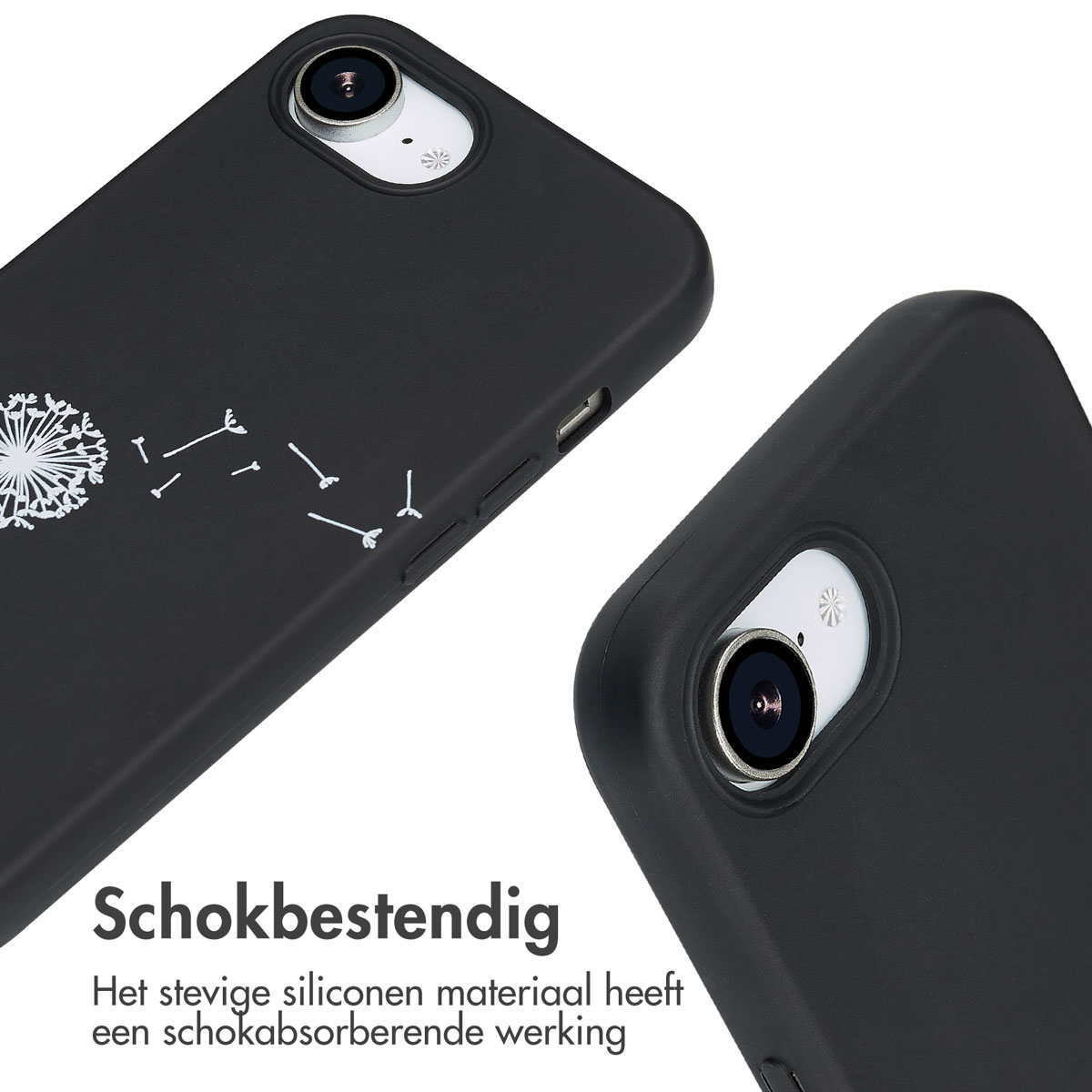 Due custodie per telefono nere con un design a dente di leone bianco e un primo piano di un obiettivo della fotocamera.