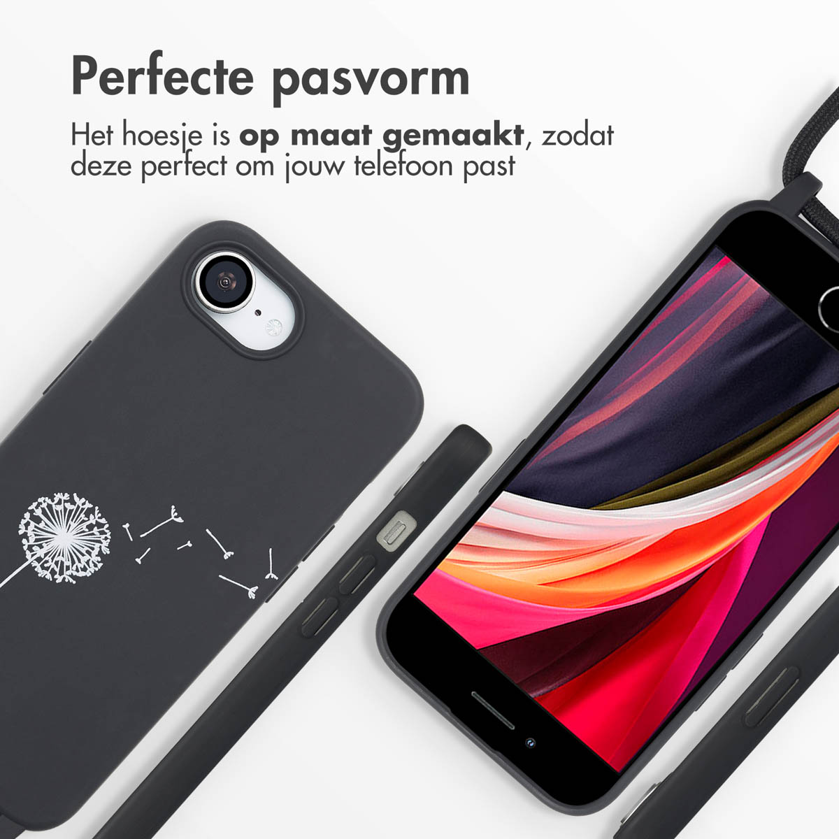 Custodie per telefono nere con un design a dente di leone e un telefono. La custodia è nera.