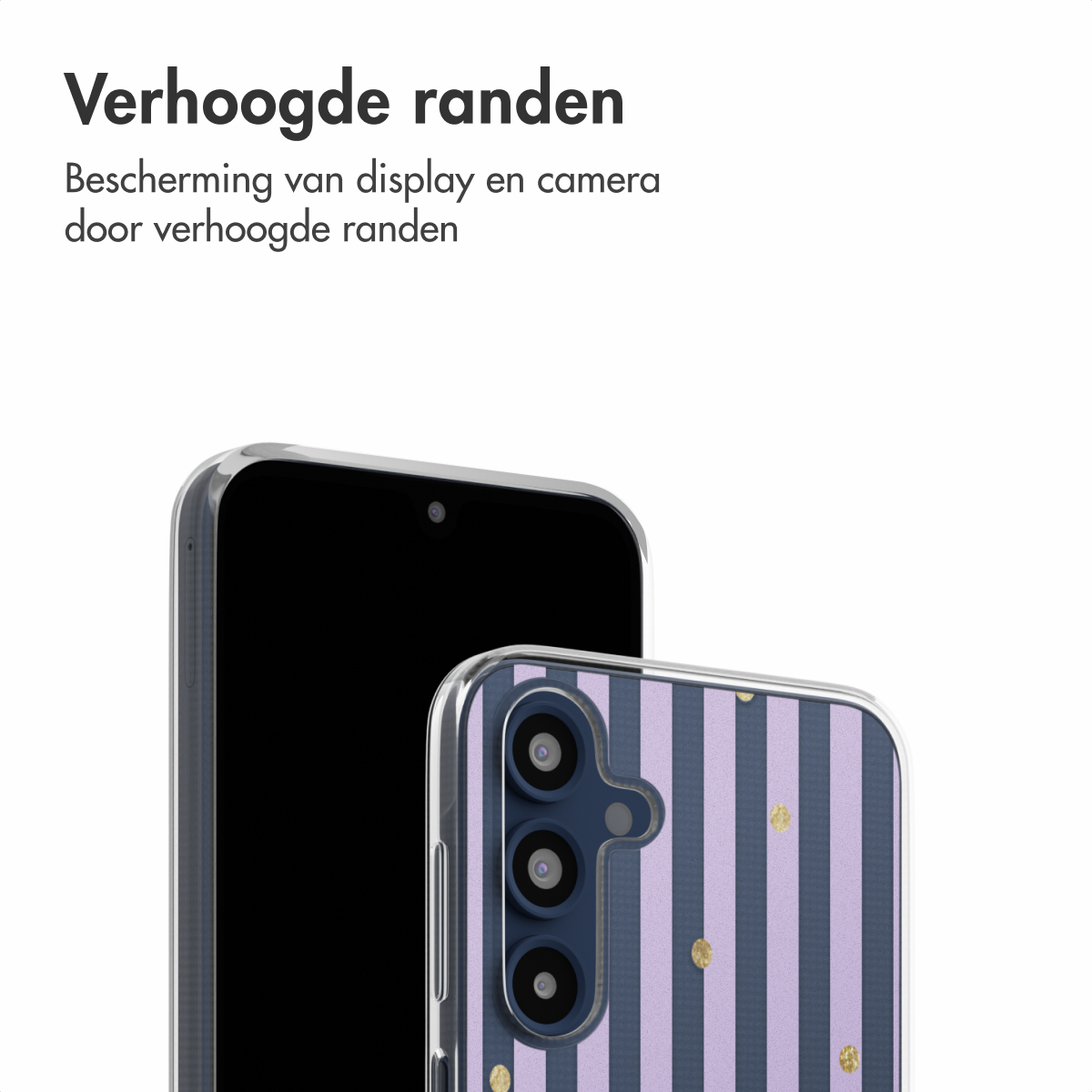 Een telefoon met een hoesje. De hoes heeft paarse strepen en gouden stippen.