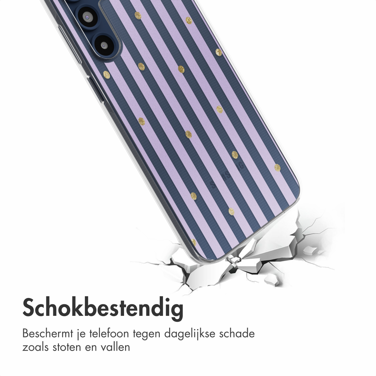 Telefoonhoesje met een streepjespatroon met gouden stippen, gebroken glaseffect.