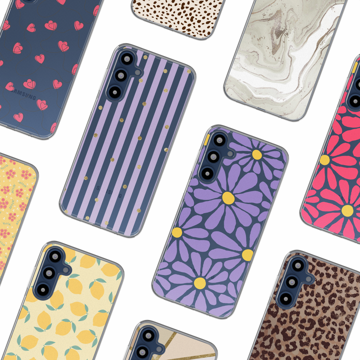 Verschillende telefoonhoesjes met verschillende ontwerpen. Harten, strepen, bloemen, citroenen, luipaardprints en meer.