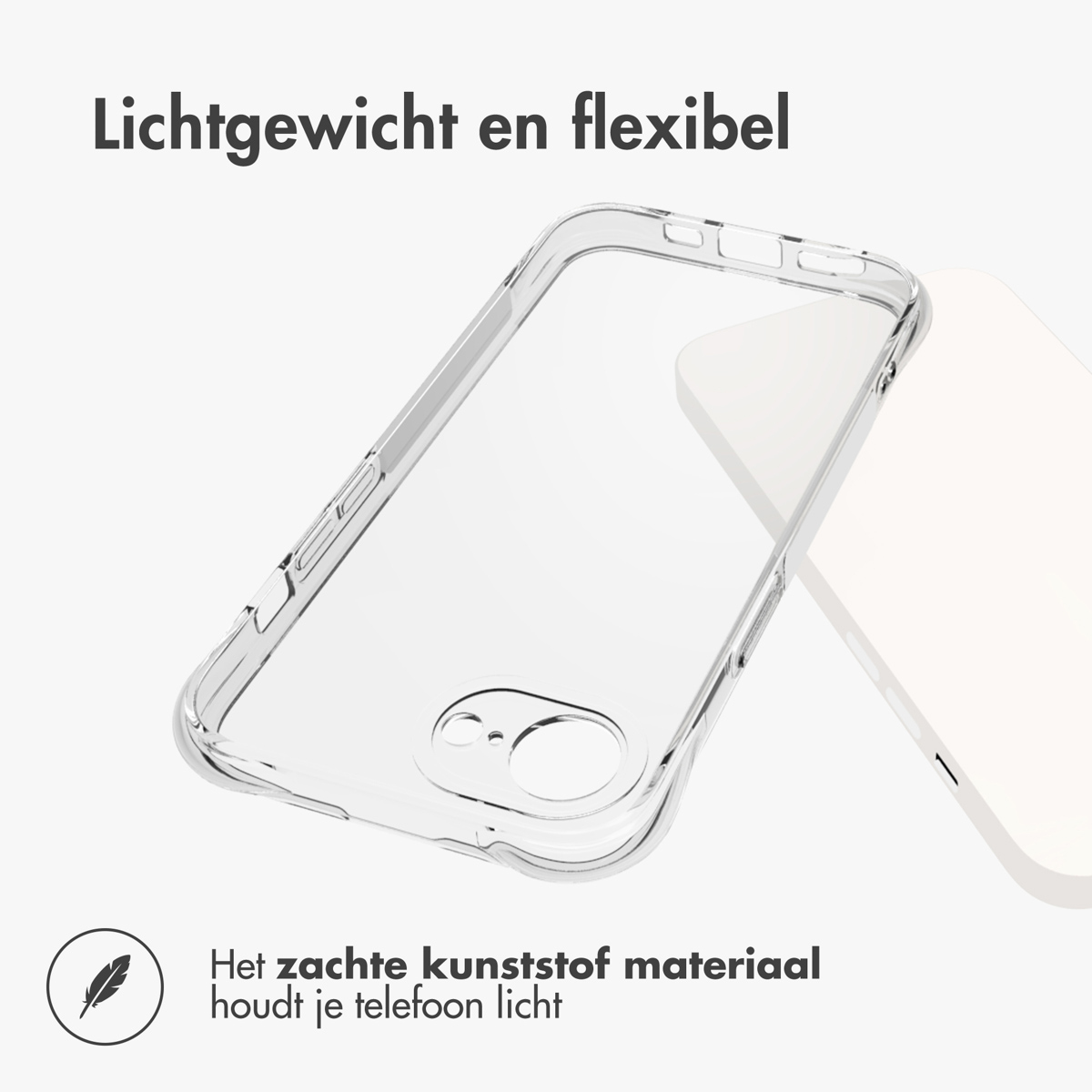 Transparante telefoonhoes en een witte telefoon. De hoes is transparant en heeft een uitsparing voor de camera.