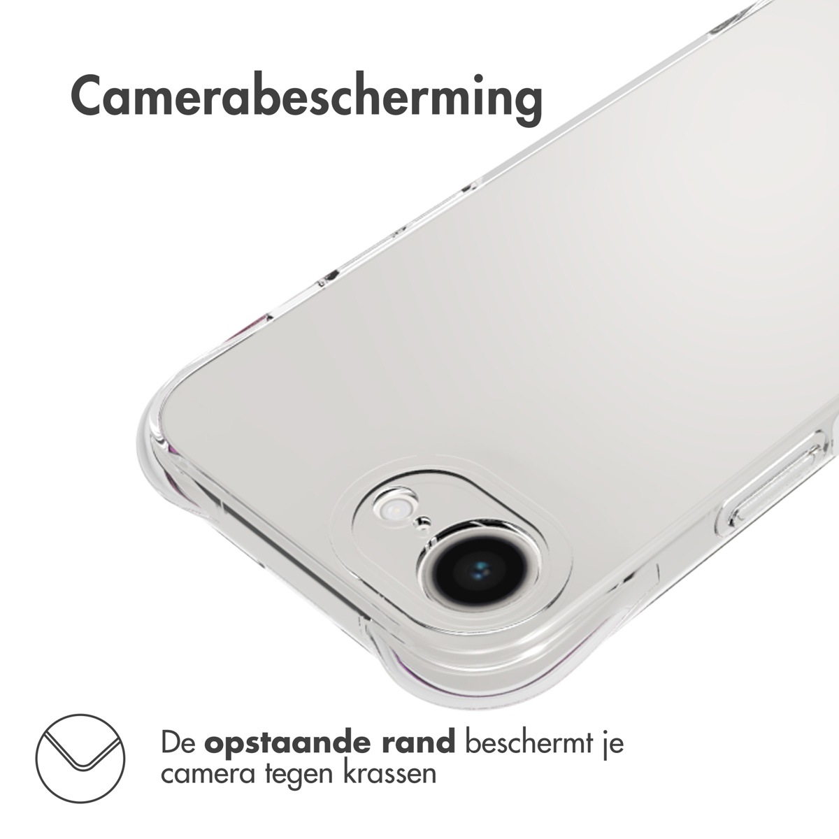 Een doorzichtige telefoonhoes rond de cameralens van een telefoon.