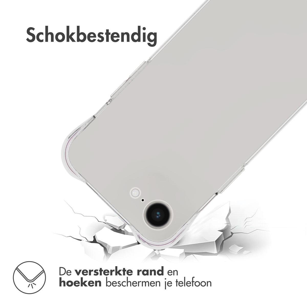 Telefoonhoesje dat op een gebarsten grond ligt. De hoes is wit. De grond is wit met scheuren.