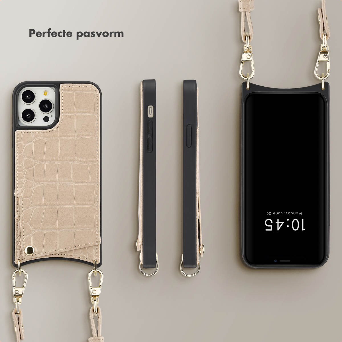 Drie telefoonhoesjes met een telefoon. Eén met een beige krokodillenpatroon en twee effen zwarte hoesjes.