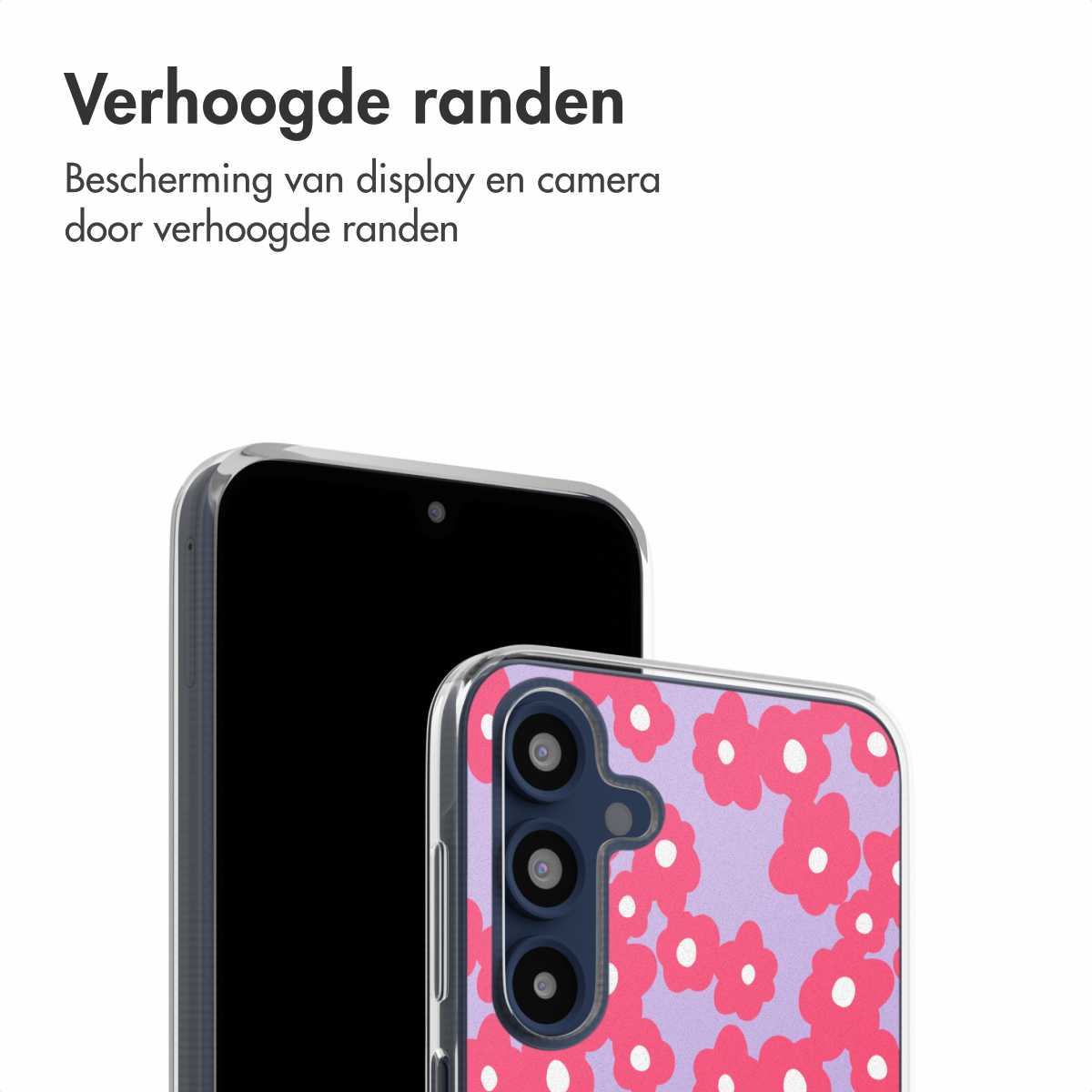 Een telefoon met een doorzichtig hoesje. De hoes heeft roze bloemen op een paarse achtergrond.