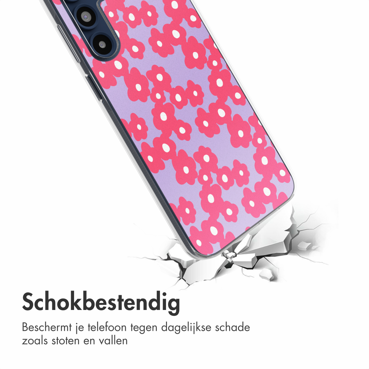 Paarse telefoonhoes met roze bloemen. De telefoonhoes is gebarsten en het scherm is niet zichtbaar.
