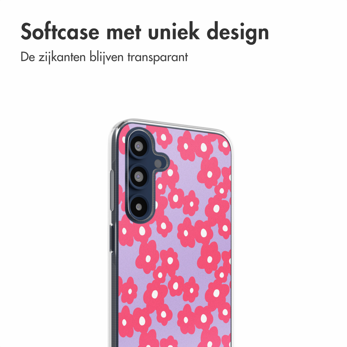 Transparant telefoonhoesje met een bloemenontwerp op de achterkant, met camera en telefoon.