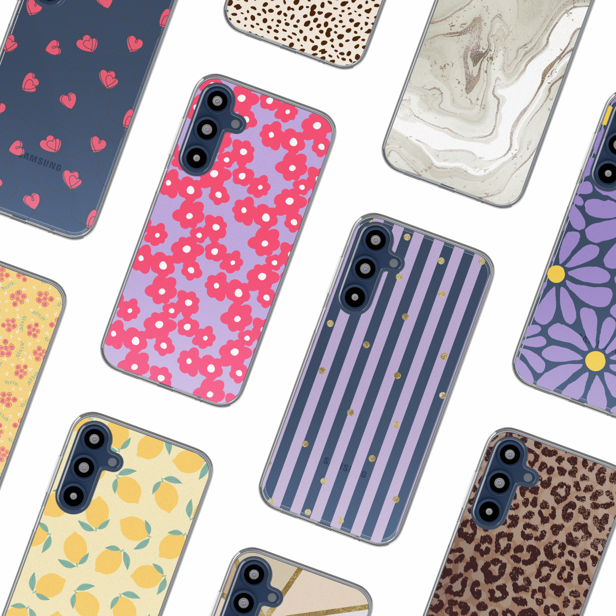 Een verscheidenheid aan telefoonhoesjes met verschillende patronen, waaronder bloemen en strepen.