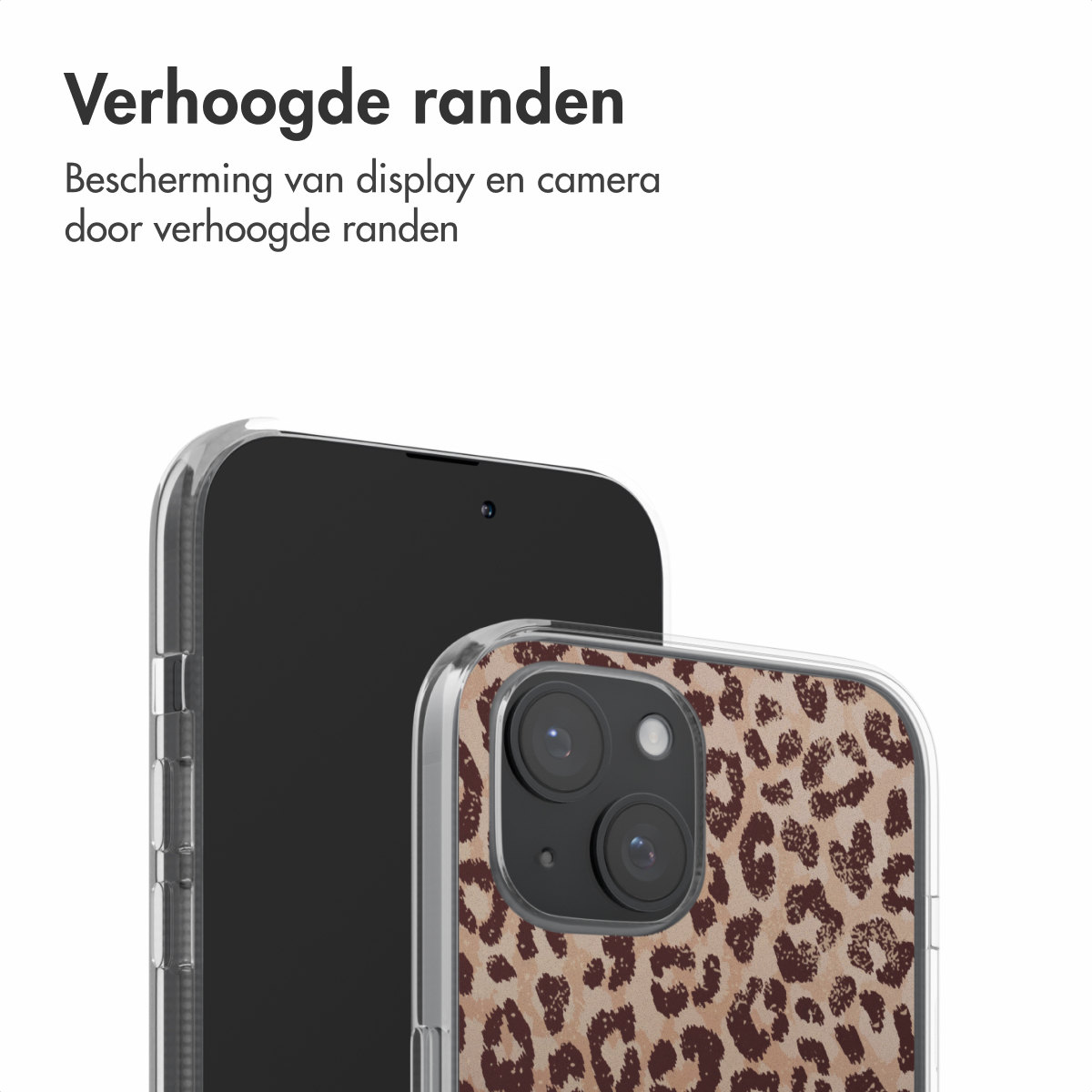 Telefoon in een doorzichtige hoes met een luipaardprint. De hoes heeft verhoogde randen.