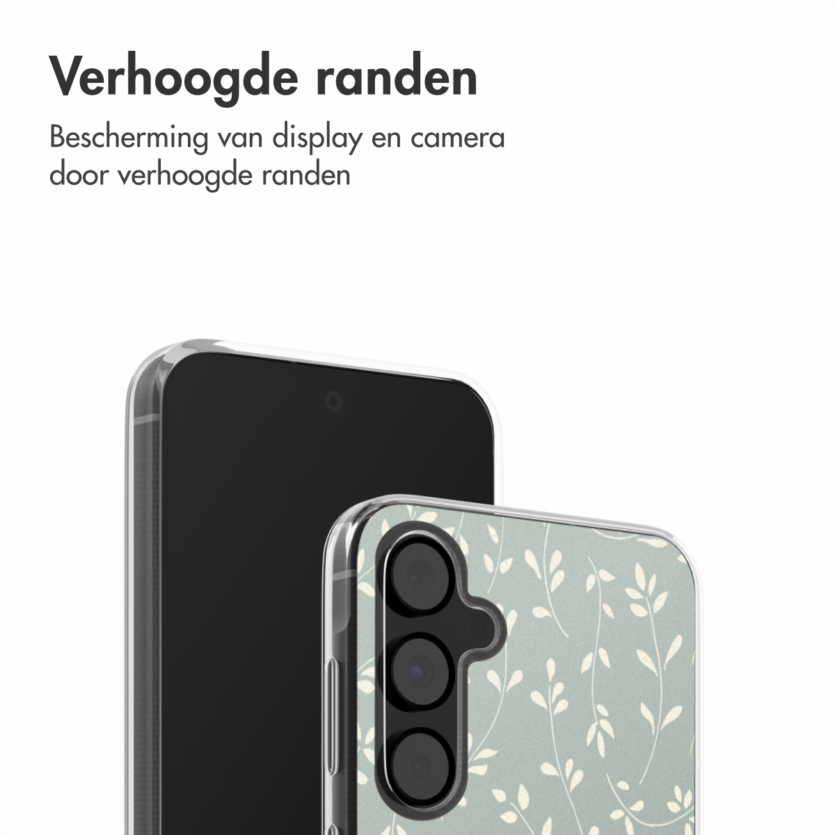 Een telefoon in een transparante hoes met een bladerontwerp op de achterkant, met camera en telefoon.