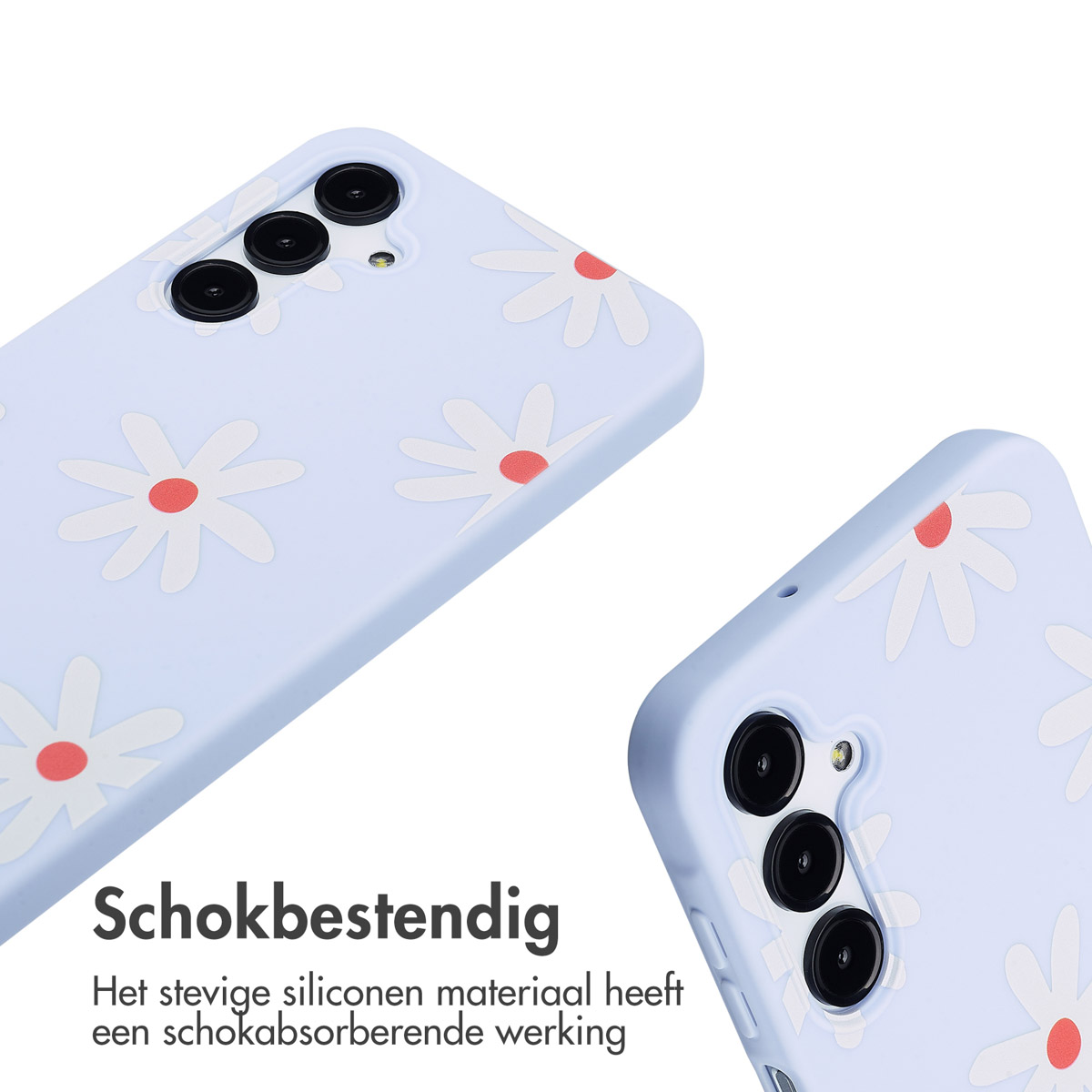 Deux coques de téléphone bleu clair avec des motifs de marguerites blanches et des centres rouges. Fond blanc.