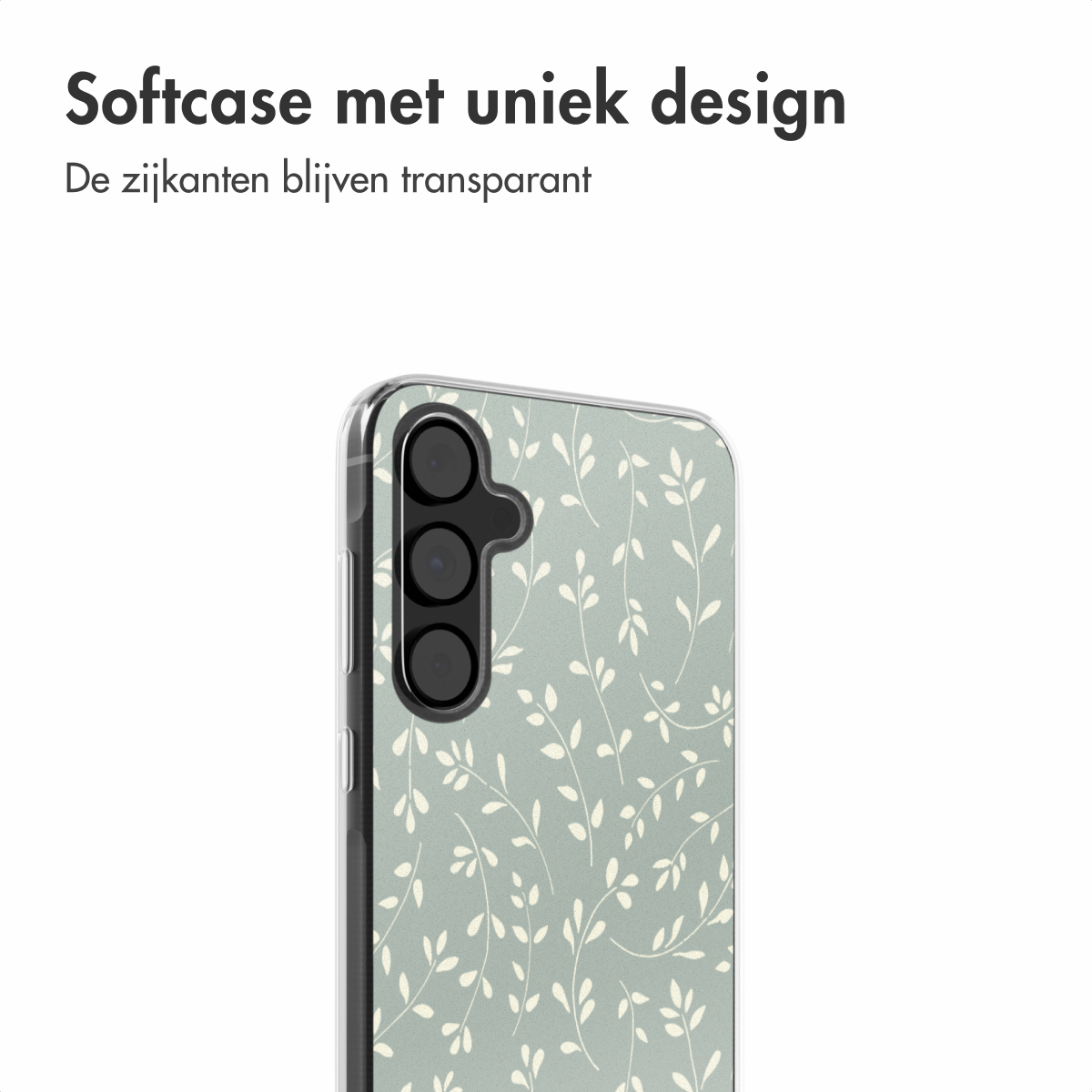 Transparante telefoonhoes met wit bladontwerp. Hoesje bedekt de achterkant van de telefoon.