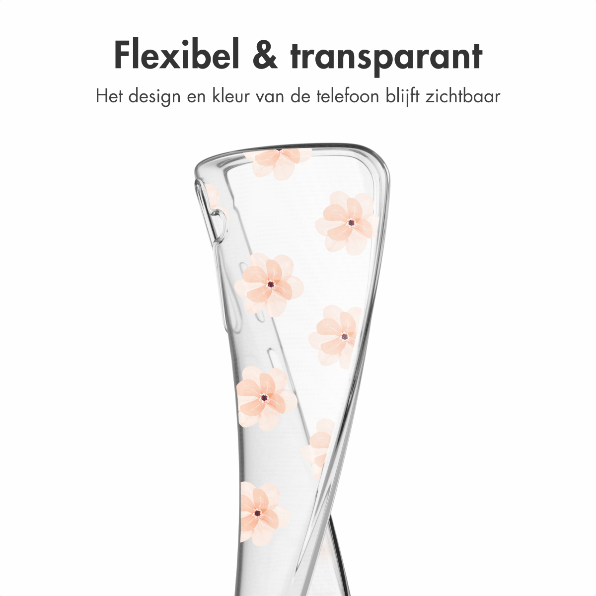 Coque transparente avec motif de fleurs pêche. La coque couvre l'arrière du téléphone, fond blanc.