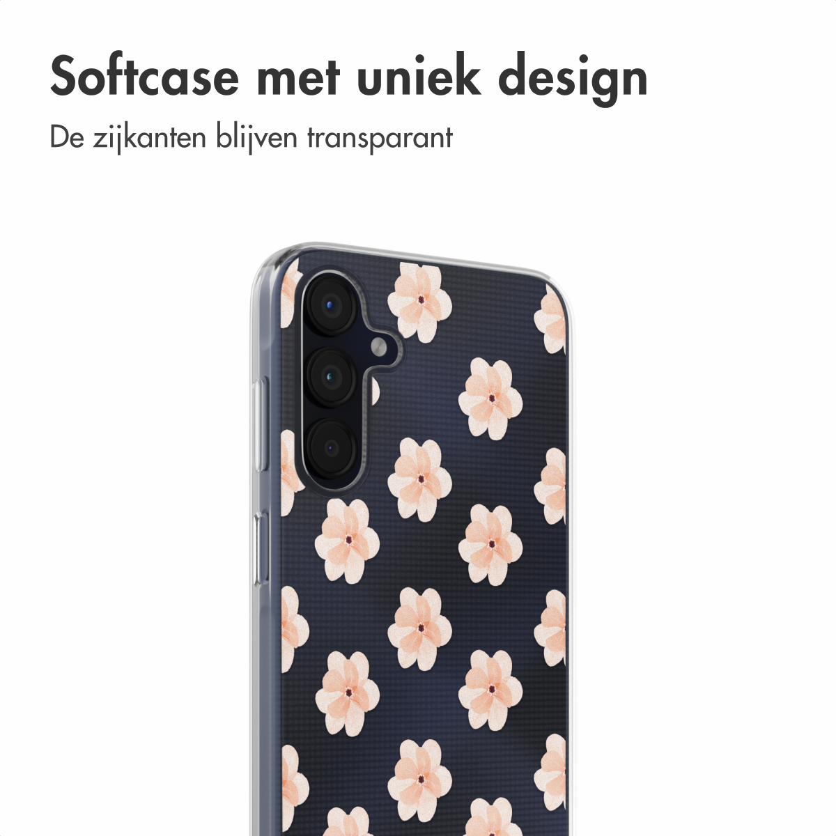 Coque de téléphone avec un motif de fleurs pêche sur fond bleu foncé, en gros plan.