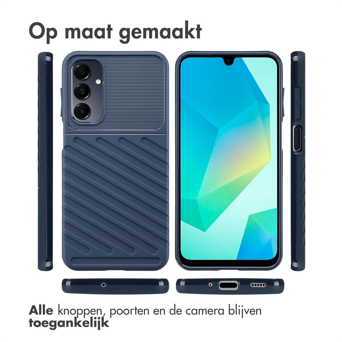 Een blauwe telefoonhoes met een telefoon erin. De hoes heeft een getextureerde achterkant en een camera.