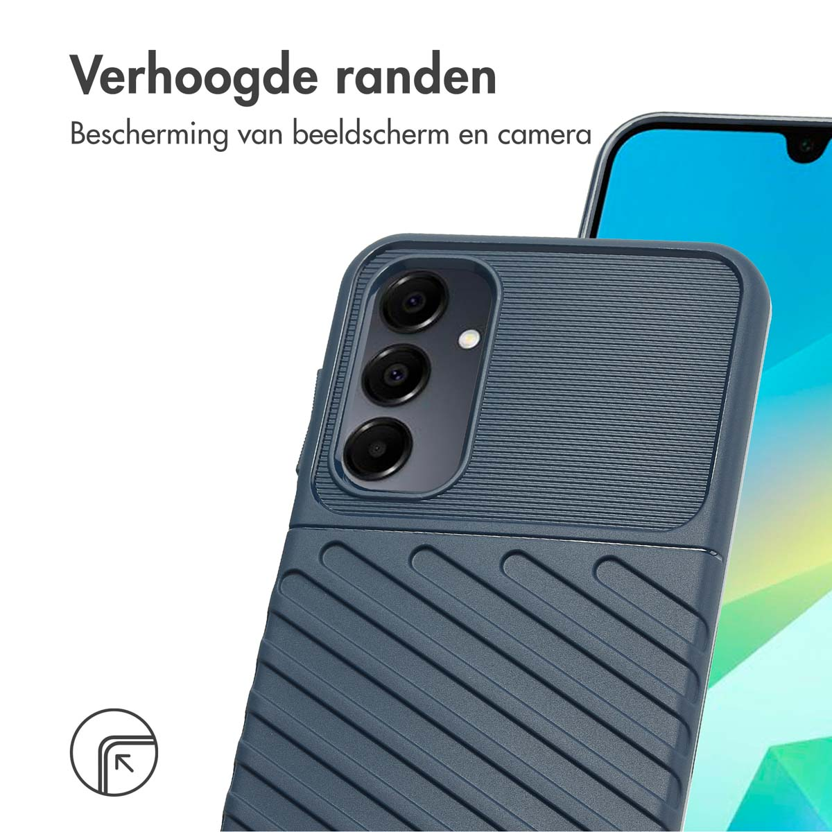 Telefoonhoesje in een telefoon. De hoes is blauw en heeft een textuur.