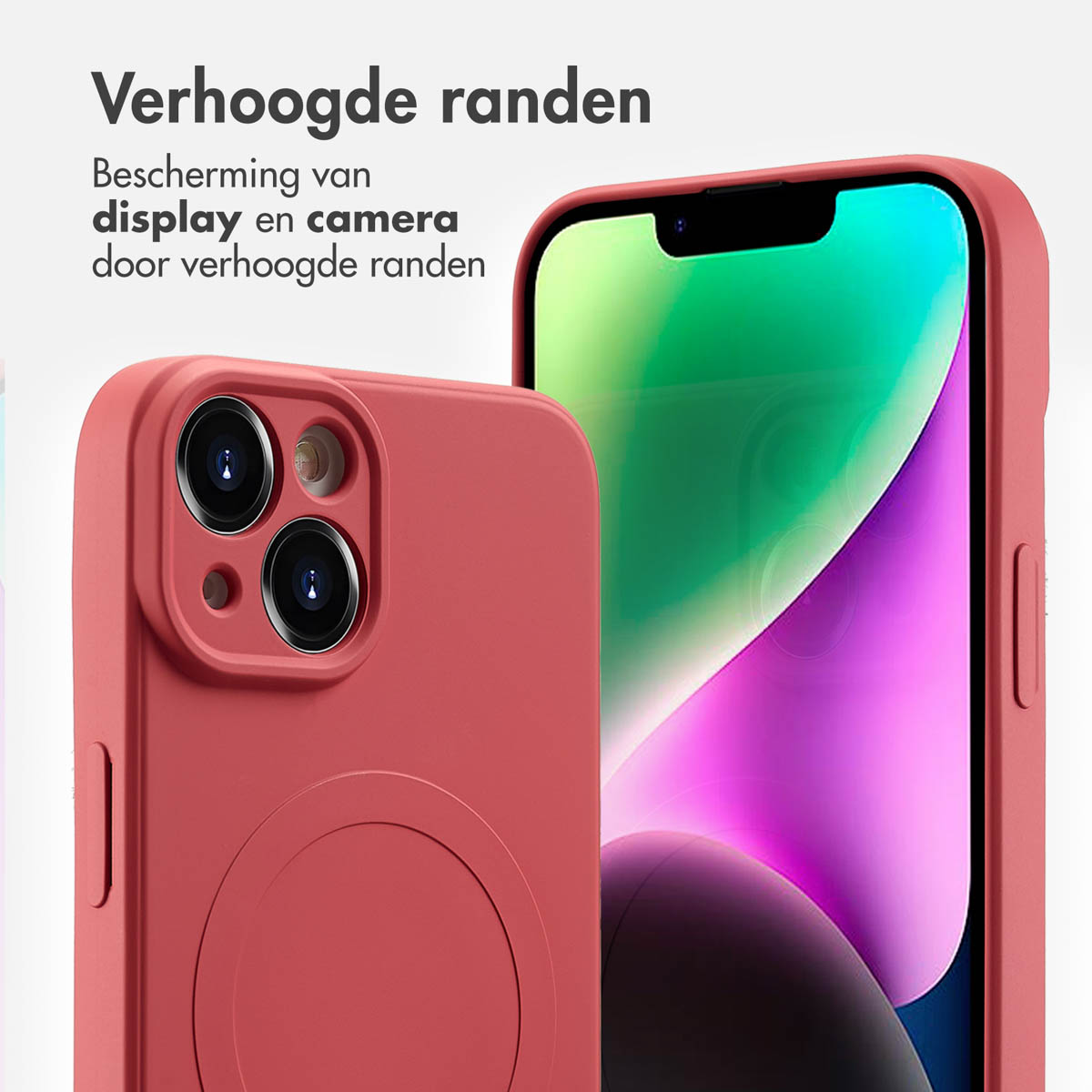 Coque de téléphone rouge avec un bord surélevé, montrant l'appareil photo et l'écran du téléphone.