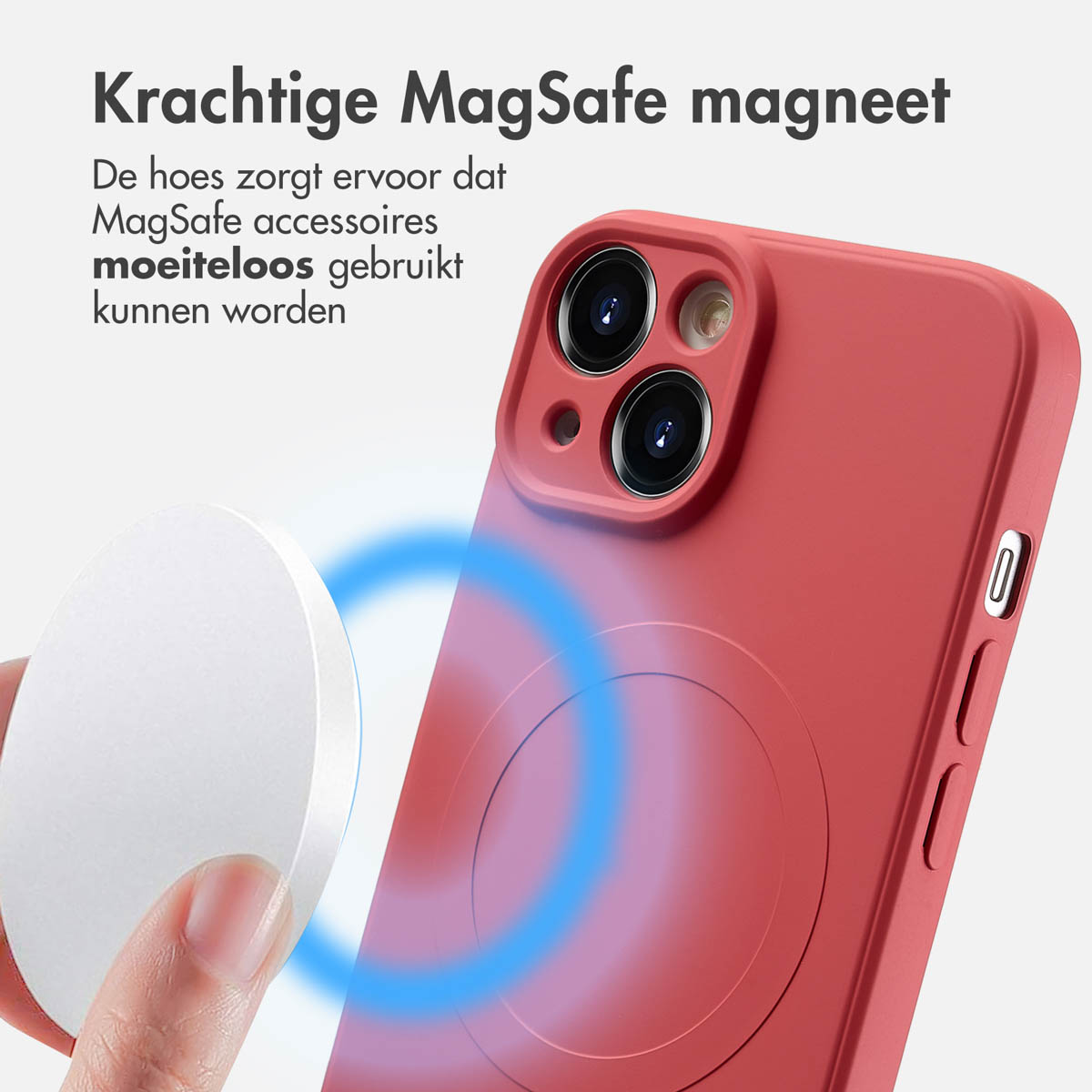 Une coque de téléphone avec un aimant. Un cercle blanc est proche de la coque rouge.