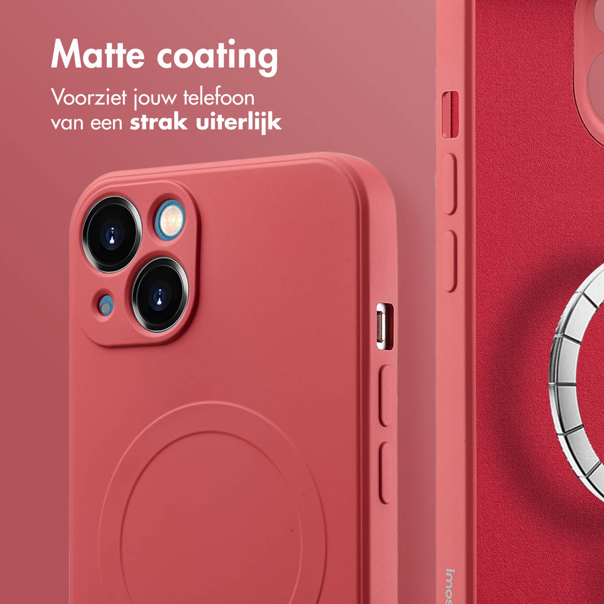 Coque de téléphone rouge avec un téléphone à l'intérieur. L'étui a une finition mate et un anneau magnétique.