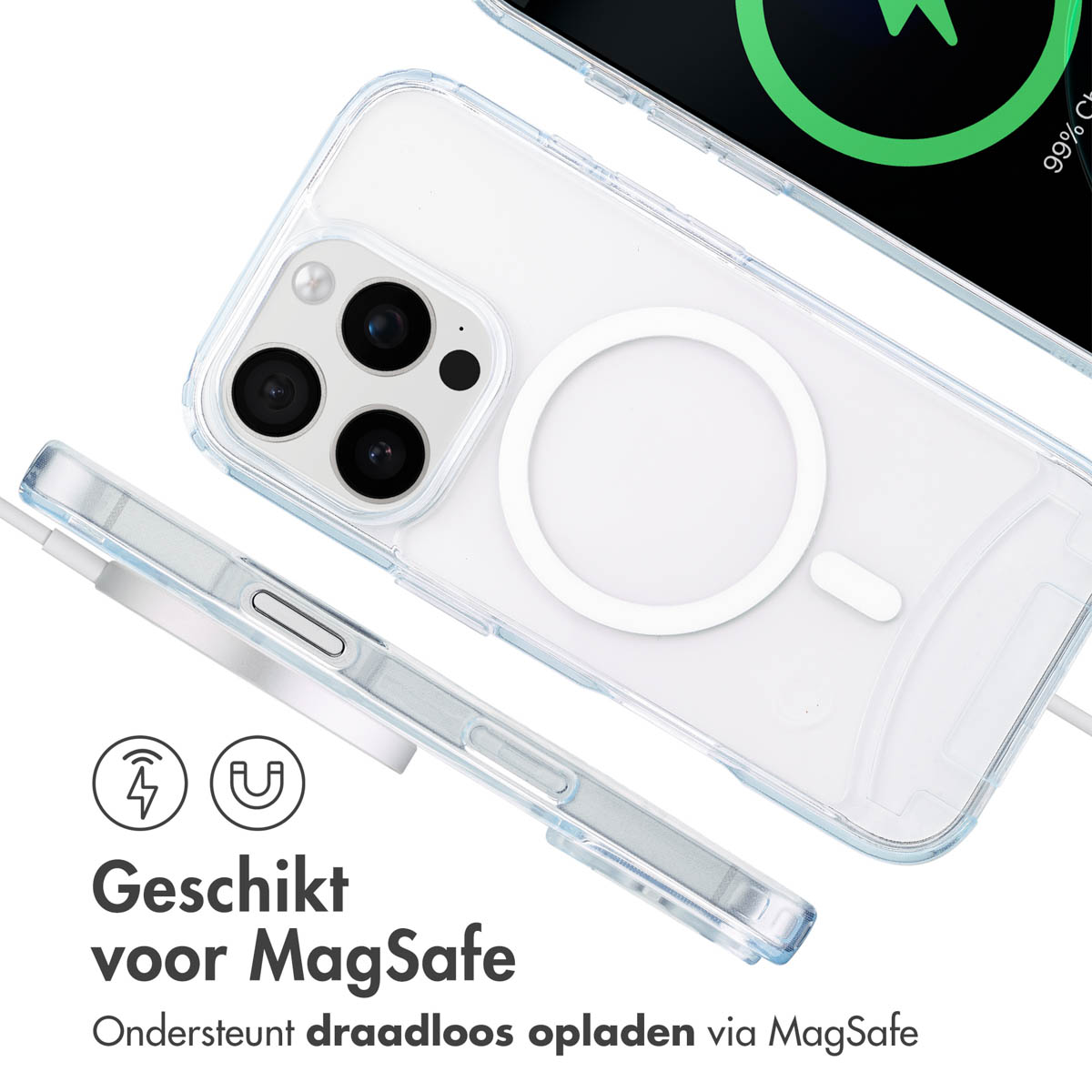 Coque de téléphone transparente avec anneau MagSafe et téléphone, et câble de chargement. Vue rapprochée de la coque.