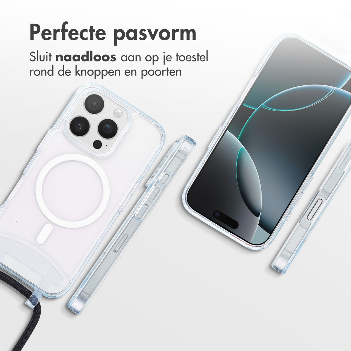 Téléphone avec coque transparente. Une autre coque transparente et un téléphone avec cordon. Texte : 'Perfecte pasvorm'.