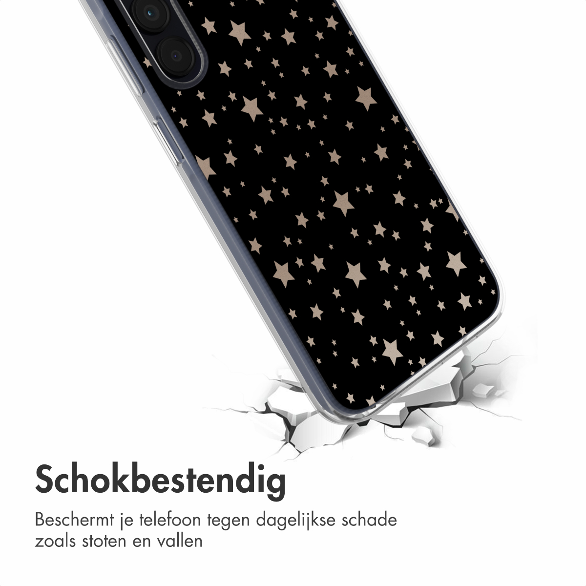 Coque de téléphone avec un motif d'étoiles sur fond noir, fissurant la surface.