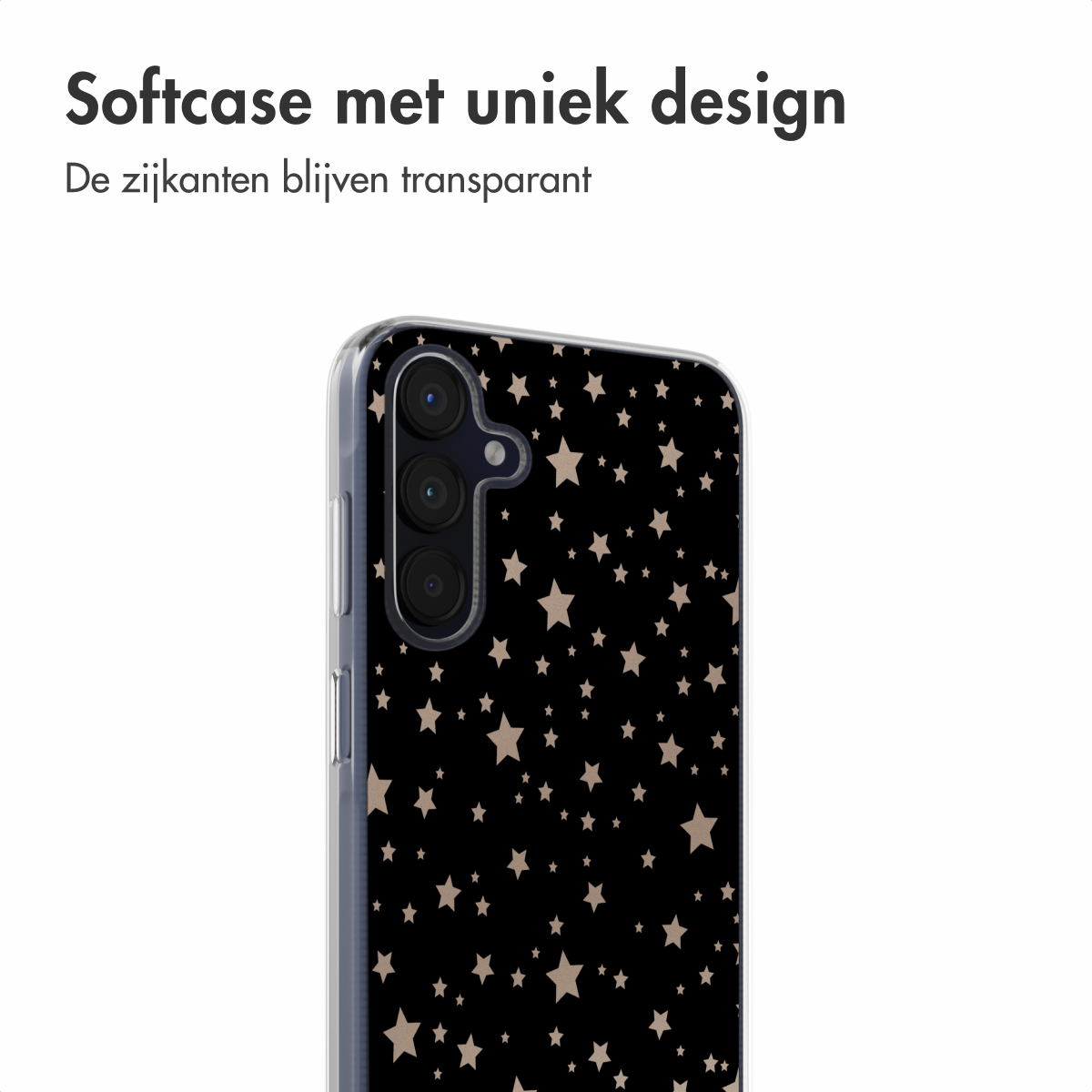 Une coque de téléphone avec un fond noir et des étoiles dorées.