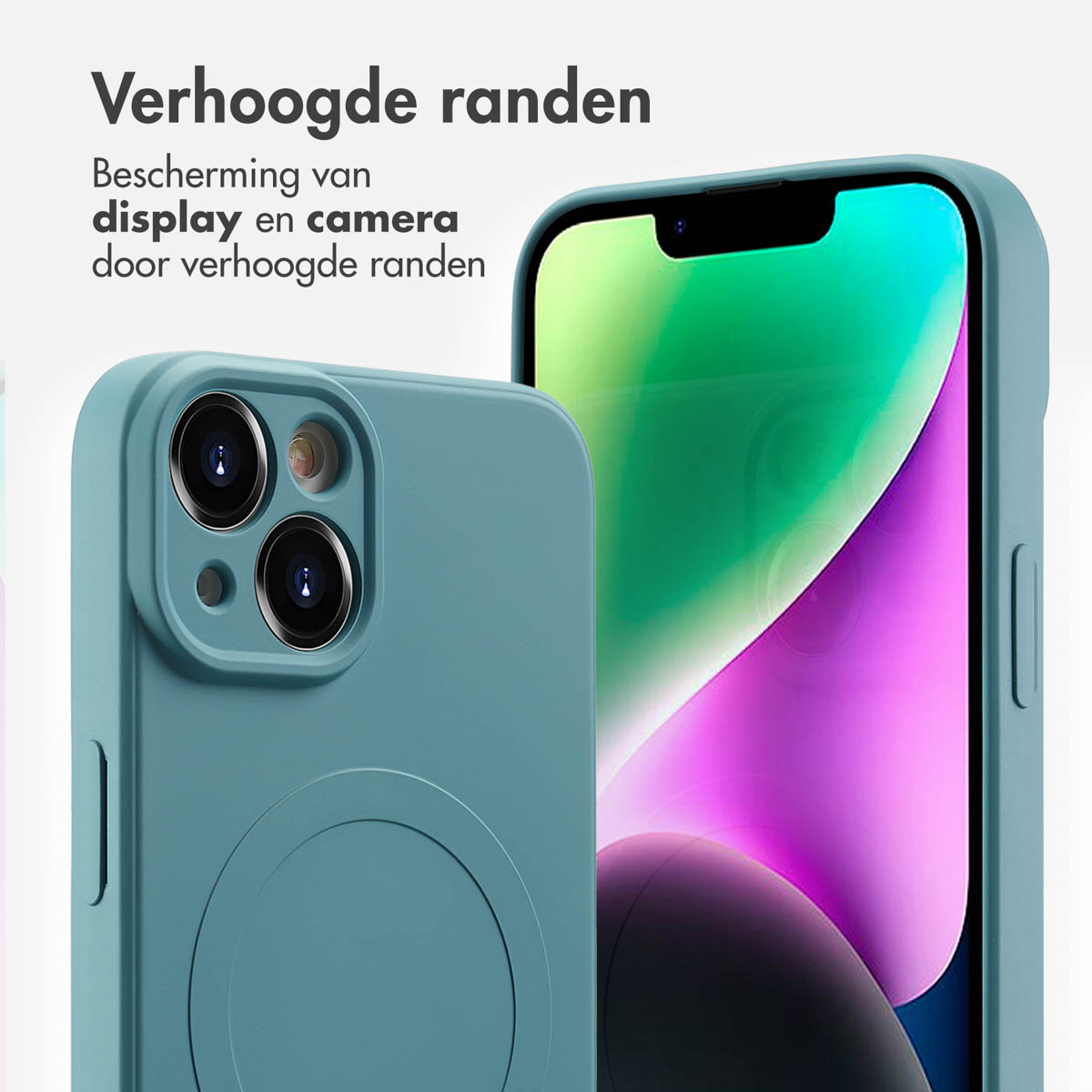Deux coques de téléphone turquoise, l'une avec des objectifs de caméra visibles et un écran de téléphone. Texte : 'Verhoogde randen'.