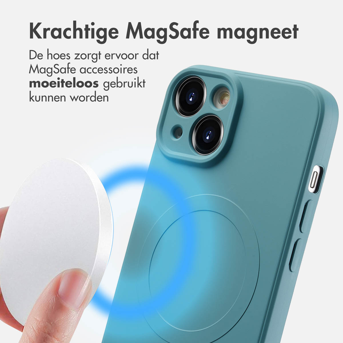Coque de téléphone turquoise avec un chargeur MagSafe blanc attaché, avec des lignes d'énergie bleues.