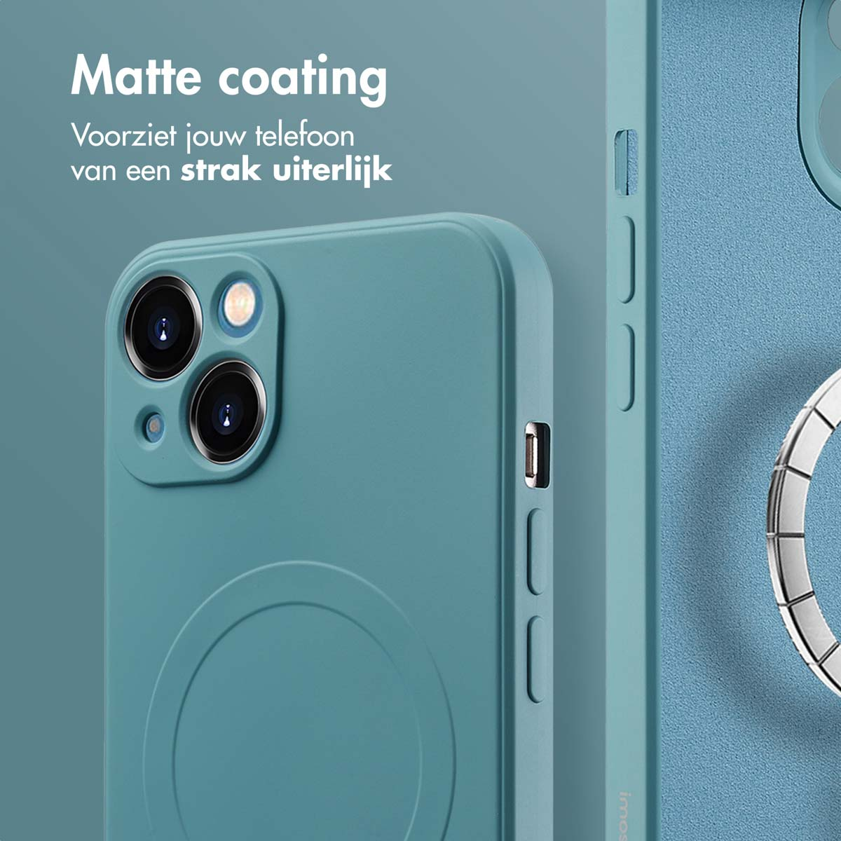 Een blauw telefoonhoesje. Een telefoonhoesje met een blauwe ring.