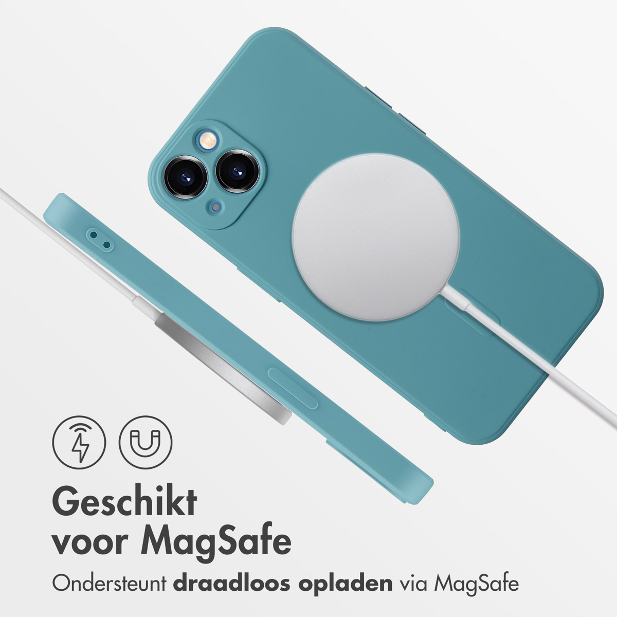 Een blauwe telefoonhoes met een witte MagSafe-oplader eraan. Een witte kabel is bevestigd.