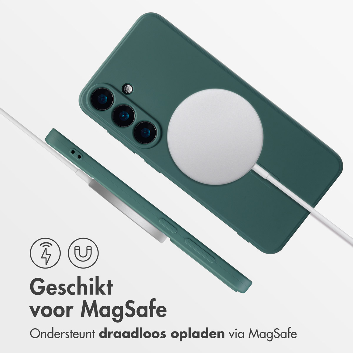 Groene telefoonhoes met witte MagSafe-oplader. Tekst: Geschikt voor MagSafe, ondersteunt draadloos opladen.