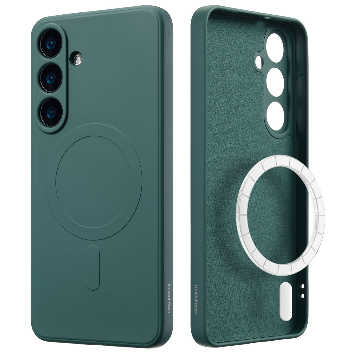 Groene telefoonhoes met cirkel voor oplader. Twee kanten van de hoes getoond. Sterk en duurzaam ontwerp.
