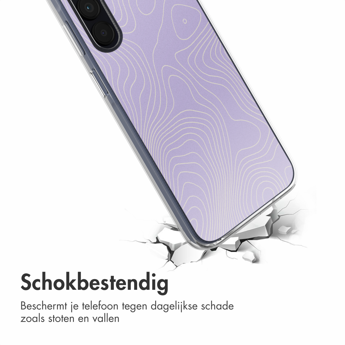 Téléphone avec coque à motifs tombant sur une surface fissurée. La coque est antichoc.
