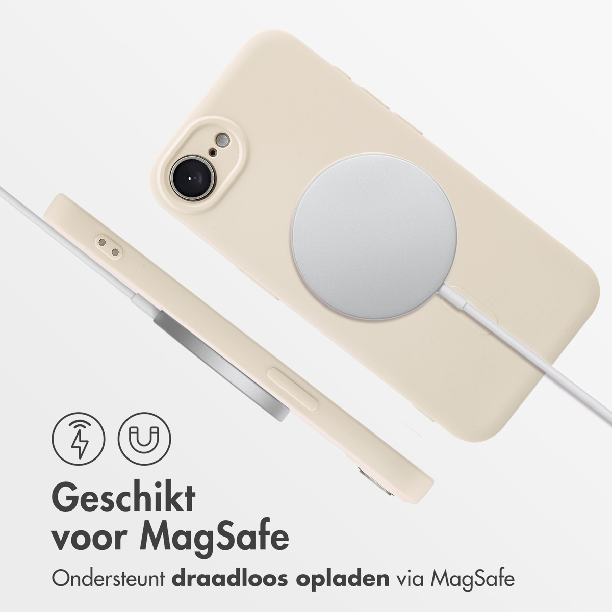 Telefoonhoesje met een witte oplader. De oplader is bevestigd aan de achterkant van de telefoon.