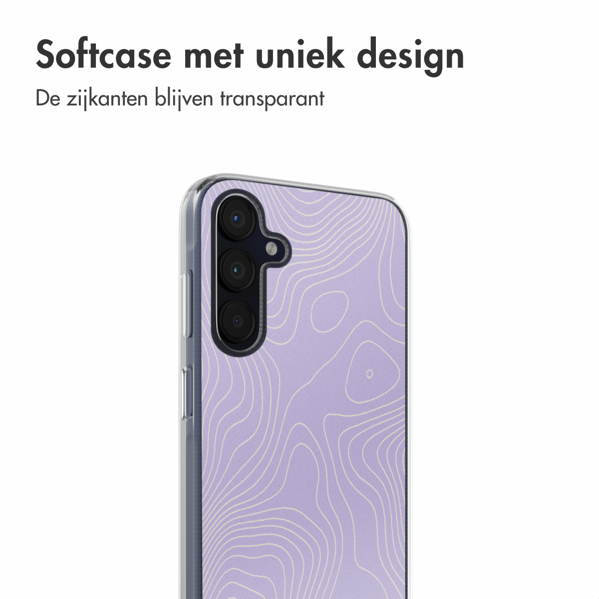 Coque de téléphone transparente avec un motif de paysage lavande au dos, montrant l'appareil photo et le téléphone.
