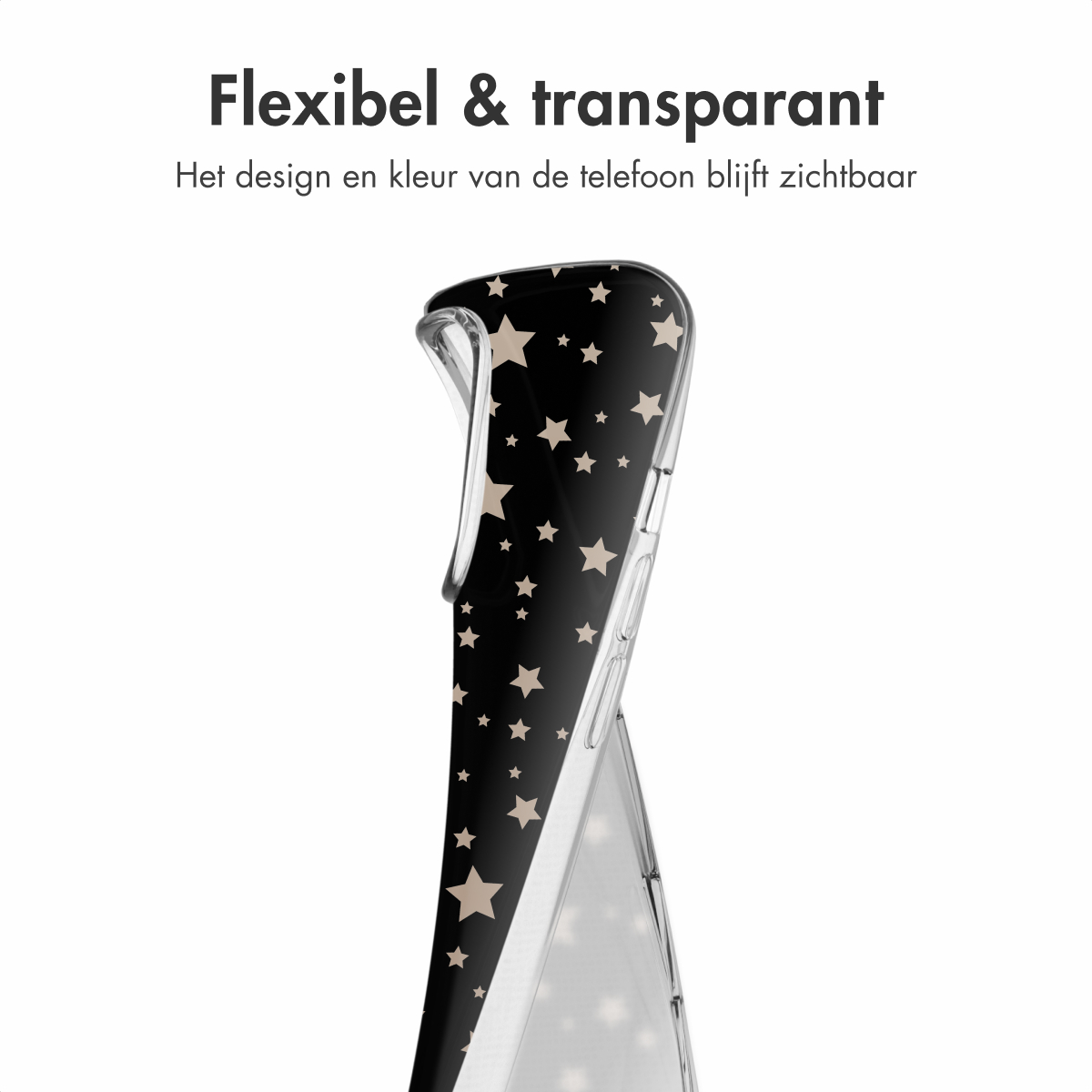 Een telefoonhoesje met een sterrenpatroon is gebogen om flexibiliteit te tonen. Tekst: Flexibel & transparant.