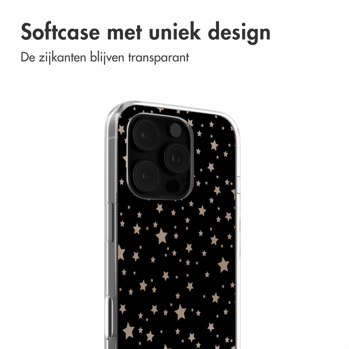 Een zwarte telefoonhoes met een sterrenpatroon. De zijkanten van de hoes zijn transparant.