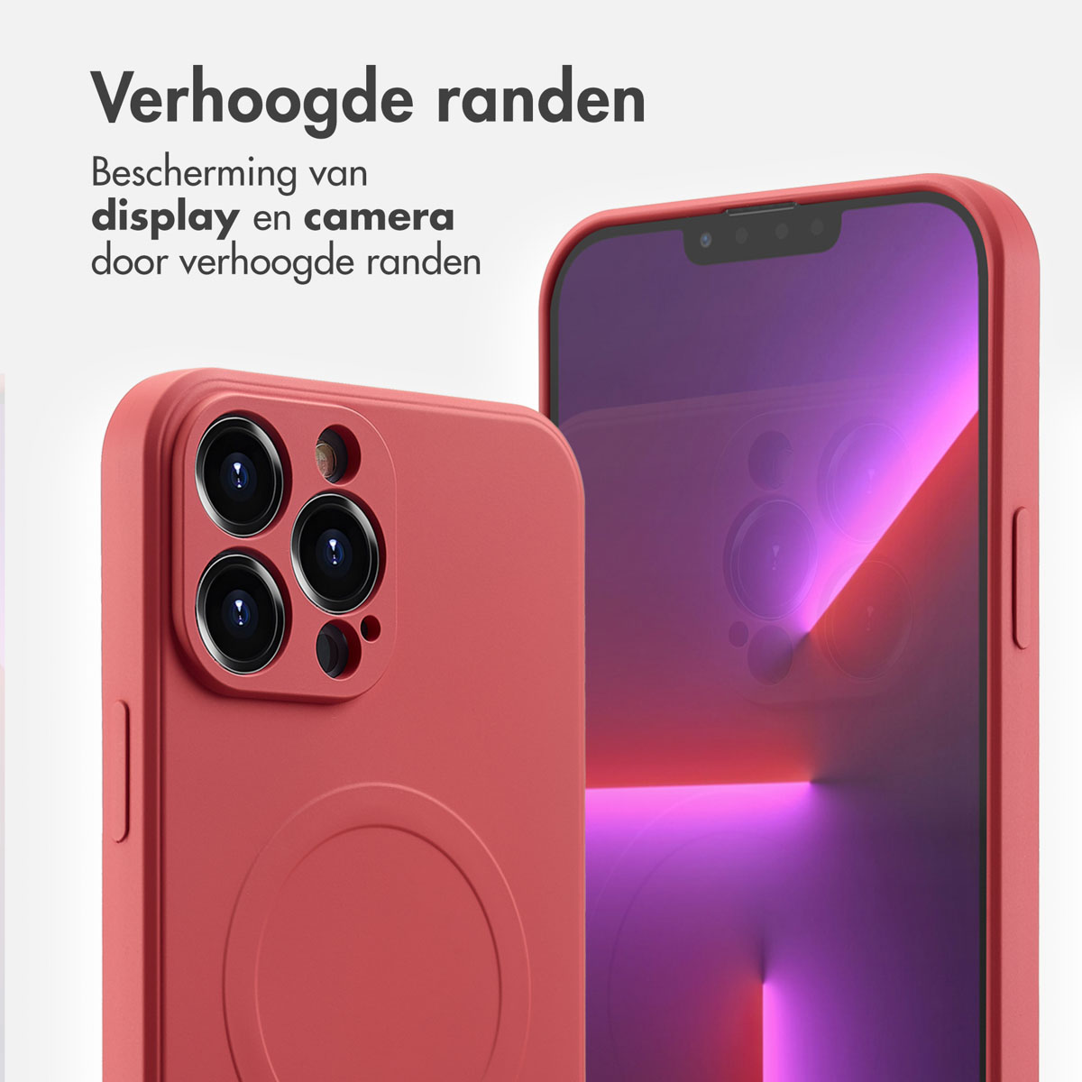 Coque de téléphone rouge sur téléphone avec bords surélevés. Texte : Protection de l'écran et de la caméra par des bords surélevés.