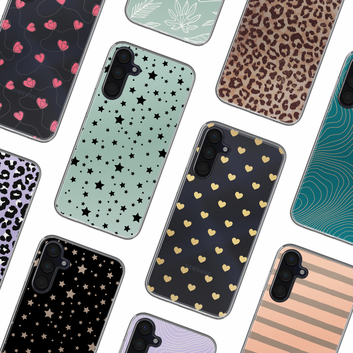 Coques de téléphone avec divers motifs : étoiles, cœurs, imprimé léopard et rayures. Plusieurs modèles sont présentés.