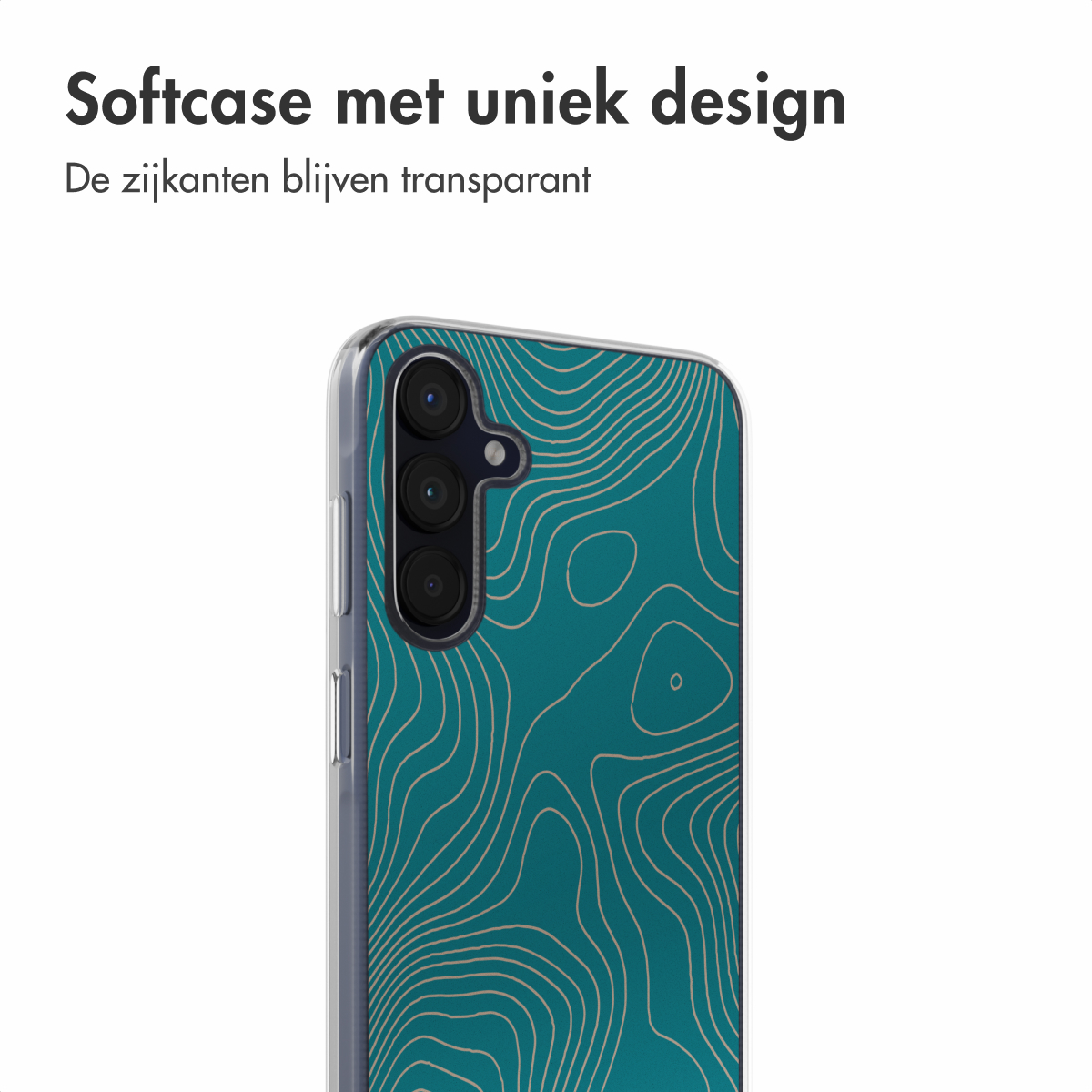 Téléphone avec une coque transparente. La coque a un design de contour turquoise et beige.