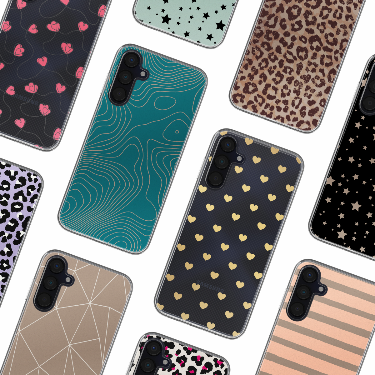 Une collection de coques de téléphone avec divers motifs, dont des imprimés léopard et des cœurs.