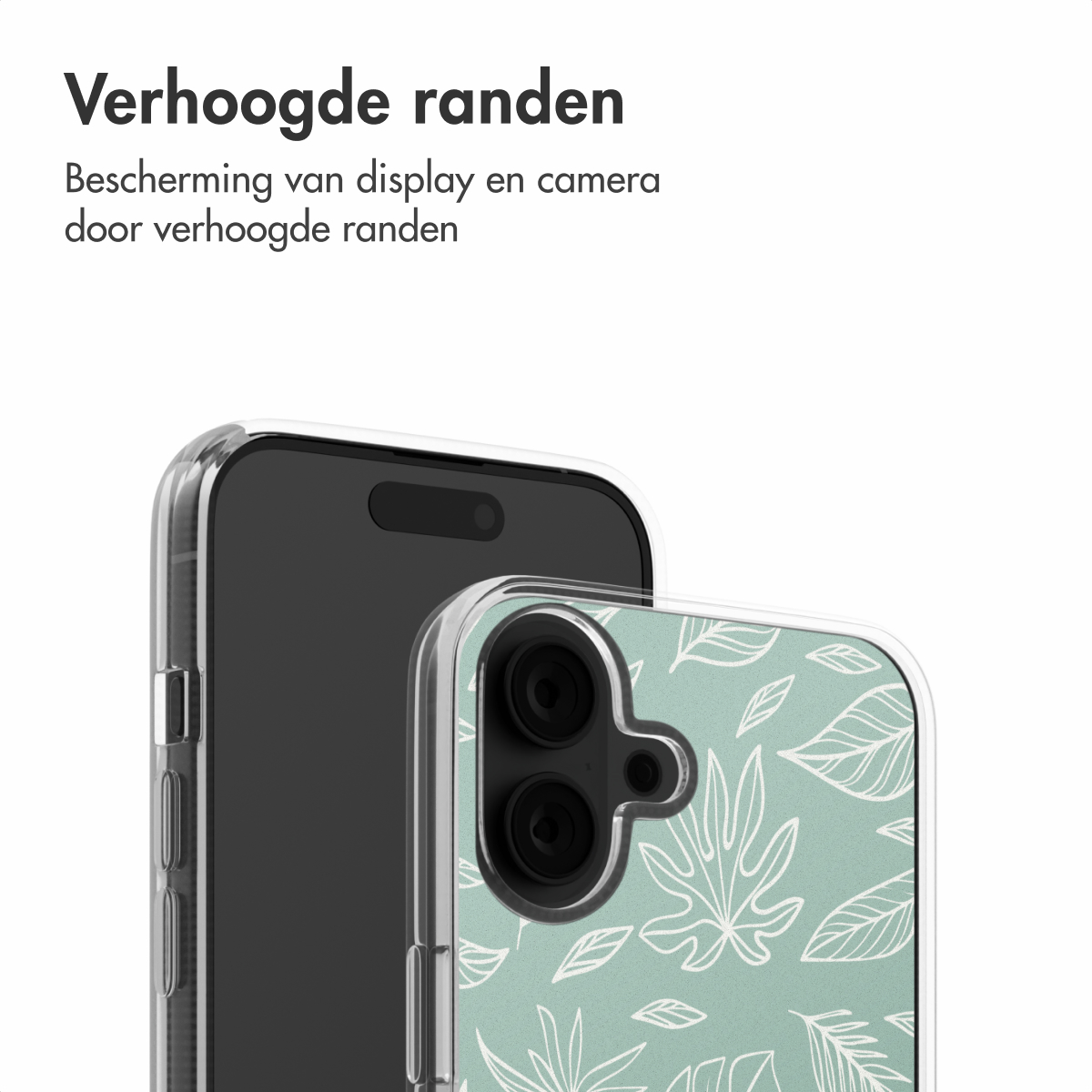 Een telefoon in een doorzichtige hoes met een bladerenpatroon op een witte achtergrond.