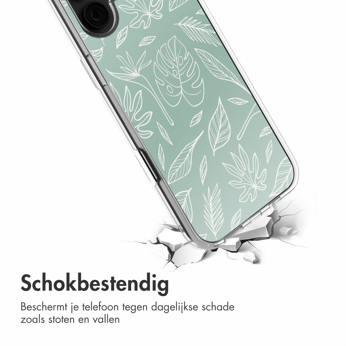 Een telefoonhoesje met een bloemenontwerp, gebarsten grond eronder. Tekst: 'Schokbestendig'.