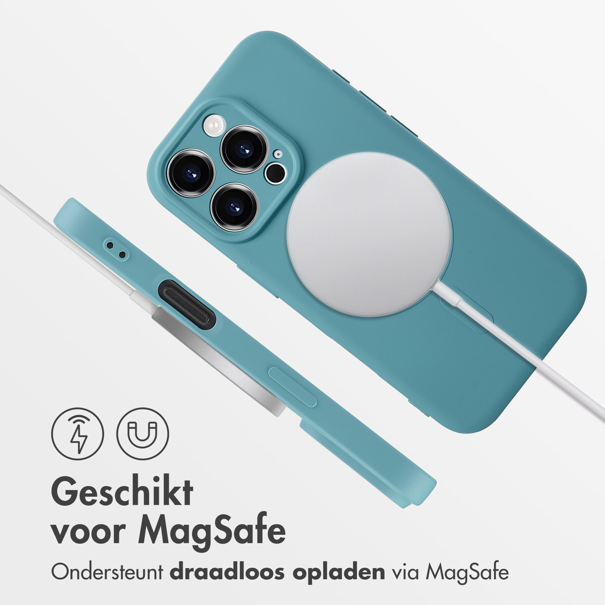 Een blauwe telefoonhoes met een witte MagSafe-oplader eraan. Een witte kabel is bevestigd.